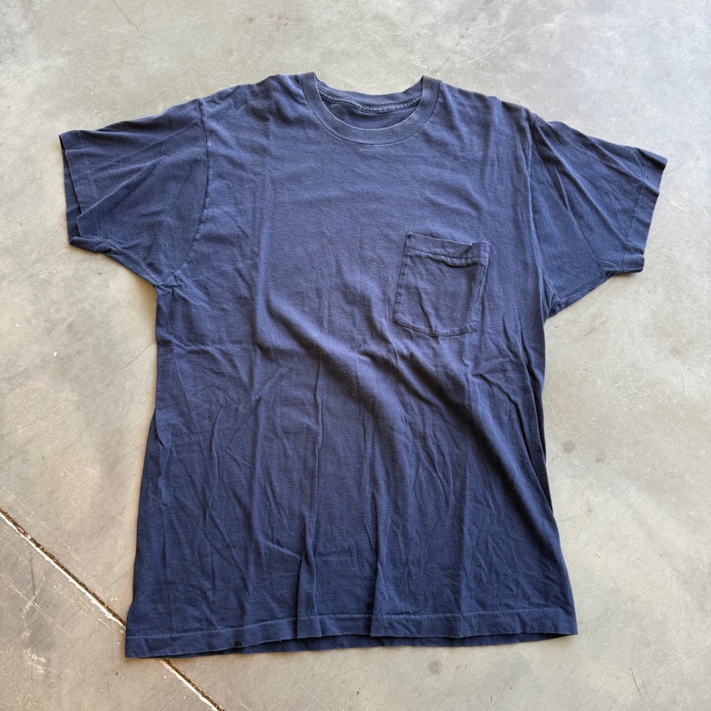 Vintage 80s Selvedge Pocket T-Shirt Navy Blue Single Stitch Crew Neck Tee Mens